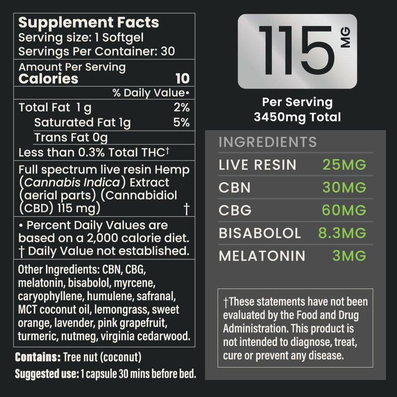 Full Spectrum Live Oil CBD + THC Deep Sleep Softgels with Melatonin | 115mg | 2.6mg THC (per capsule) - Hempsi